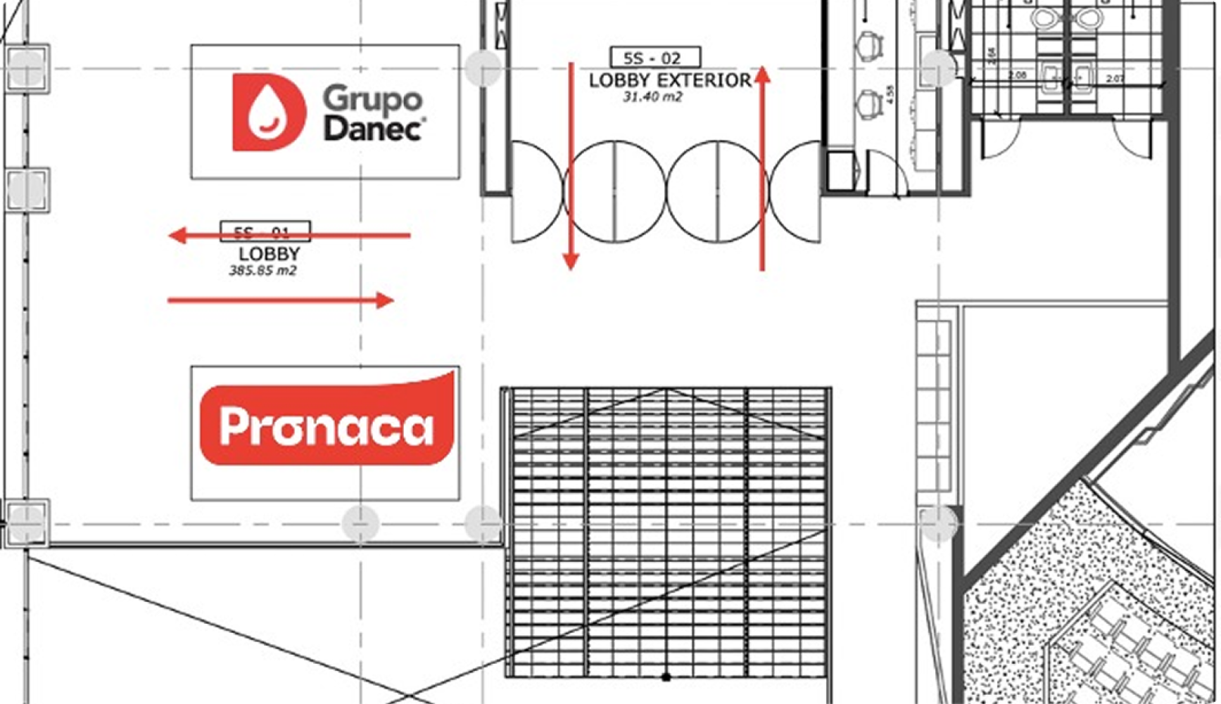Mapa de la convención, planta alta: Stand 1, Stand 2, lobby y lobby exterior