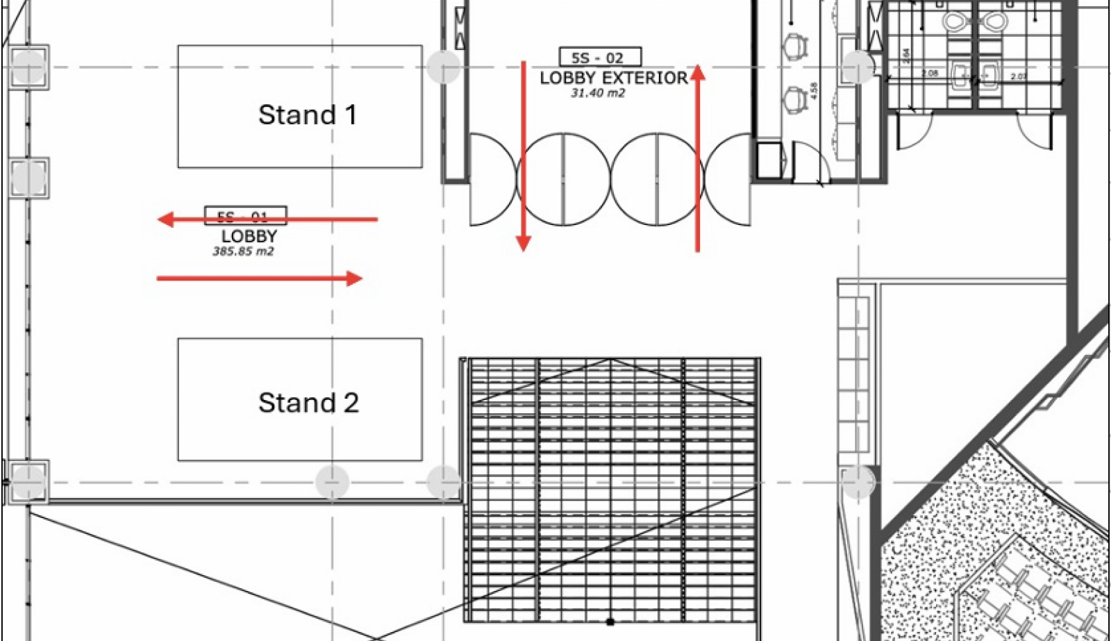 Mapa de la convención, planta alta: Stand 1, Stand 2, lobby y lobby exterior